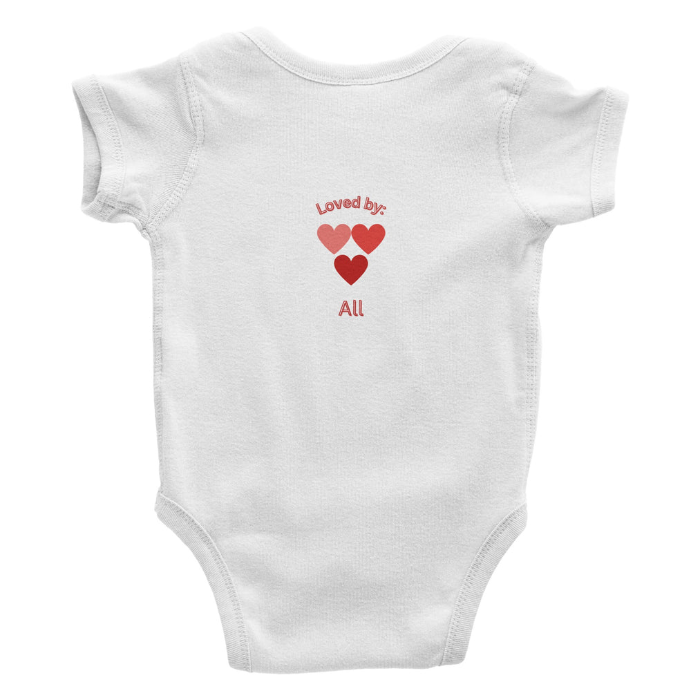 White  baby bodysuit, three Pink hearts, Icelandic text 'Loved by All',on back customizable with baby's name on front.0a6de199-f1fe-4cbb-8c83-2440f9a0a73e