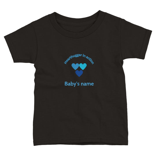 Toddler t-shirt with 'Hearthugger in Action' design, customizable with name on front, 'Loved by all' on the back." Sizing Chart: "Size chart for a toddler t-shirt with measurements in inches and centimeters 0badc784-f54d-48ff-917d-11c415d88d0d