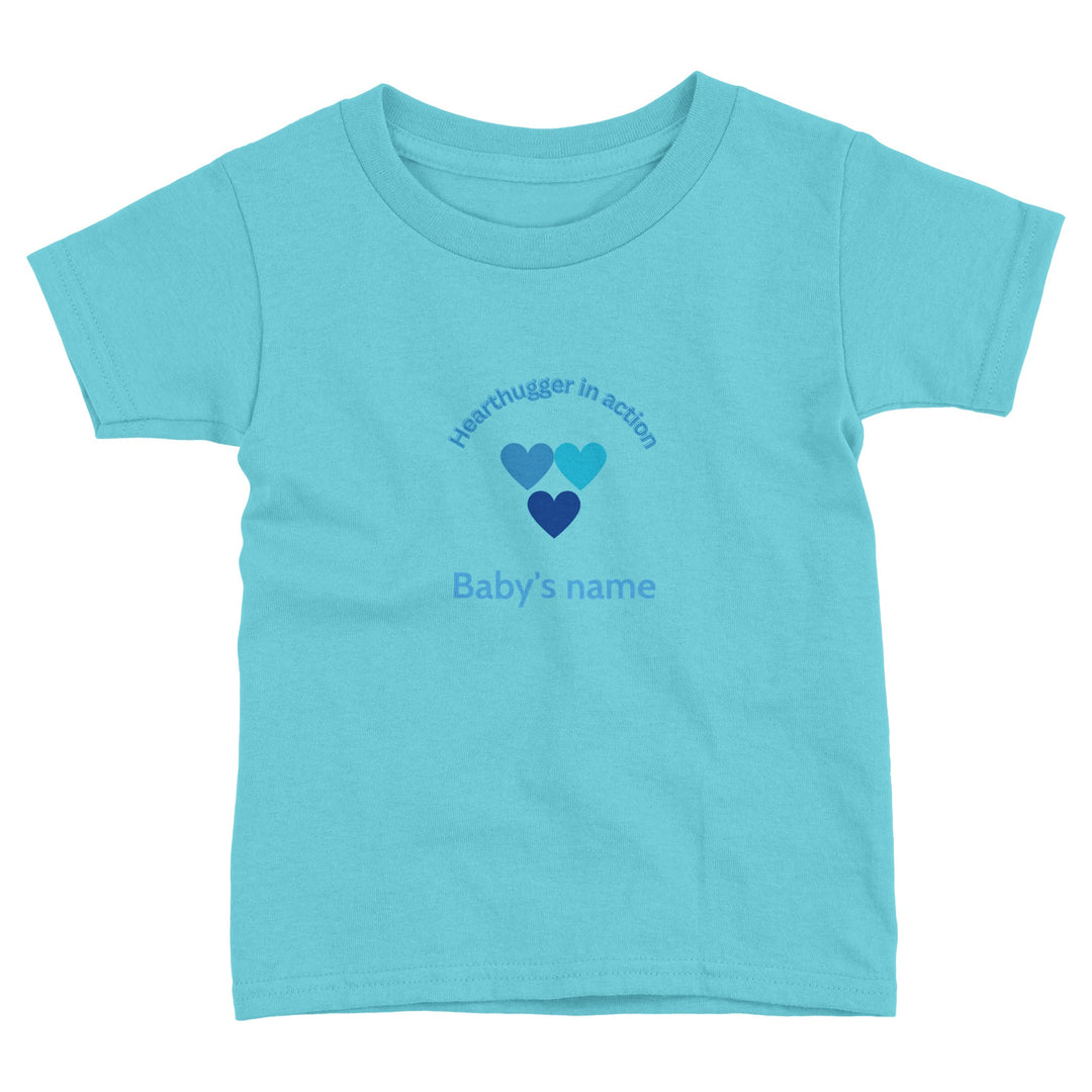 1203daab-e4f3-444e-87e7-5c3213b3e4e3 Toddler t-shirt with 'Hearthugger in Action' design, customizable with name on front, 'Loved by all' on the back." Sizing Chart: "Size chart for a toddler t-shirt with measurements in inches and centimeters."
