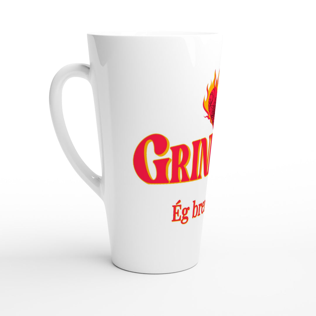 Latte mug, 'Ég brenn fyrir Grindavík' with red heart in flames and Grindavík map inside, customizable 141cd62e-1217-4d61-b144-d88b90f7f255