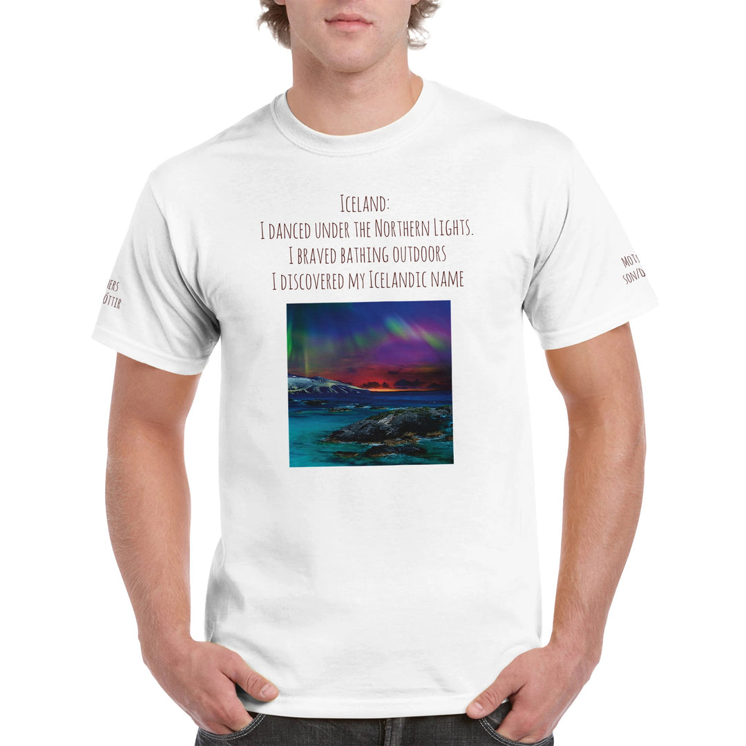 White  Northern Lights T-shirt, customizable with Icelandic name, [user's uploaded photo if possible], front and back and both sleeves design 1f045692-ae6f-4c16-97dd-d0c331c2a213