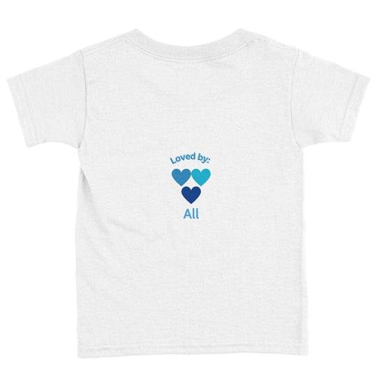 Toddler t-shirt with 'Hearthugger in Action' design, customizable with name on front, 'Loved by all' on the back." Sizing Chart: "Size chart for a toddler t-shirt with measurements in inches and centimeters 215f5b28-f568-46cd-868f-c8957f92ce5a