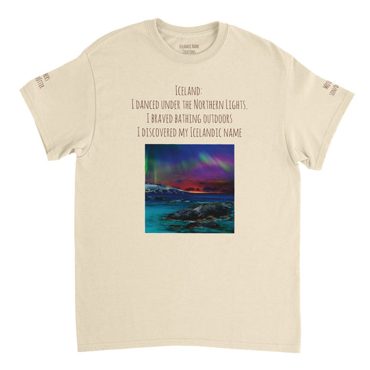 Natural  Northern Lights T-shirt, customizable with Icelandic name, [user's uploaded photo if possible], front and back and both sleeves design 21877f58-efdd-434d-b4ff-9fa157c0411f