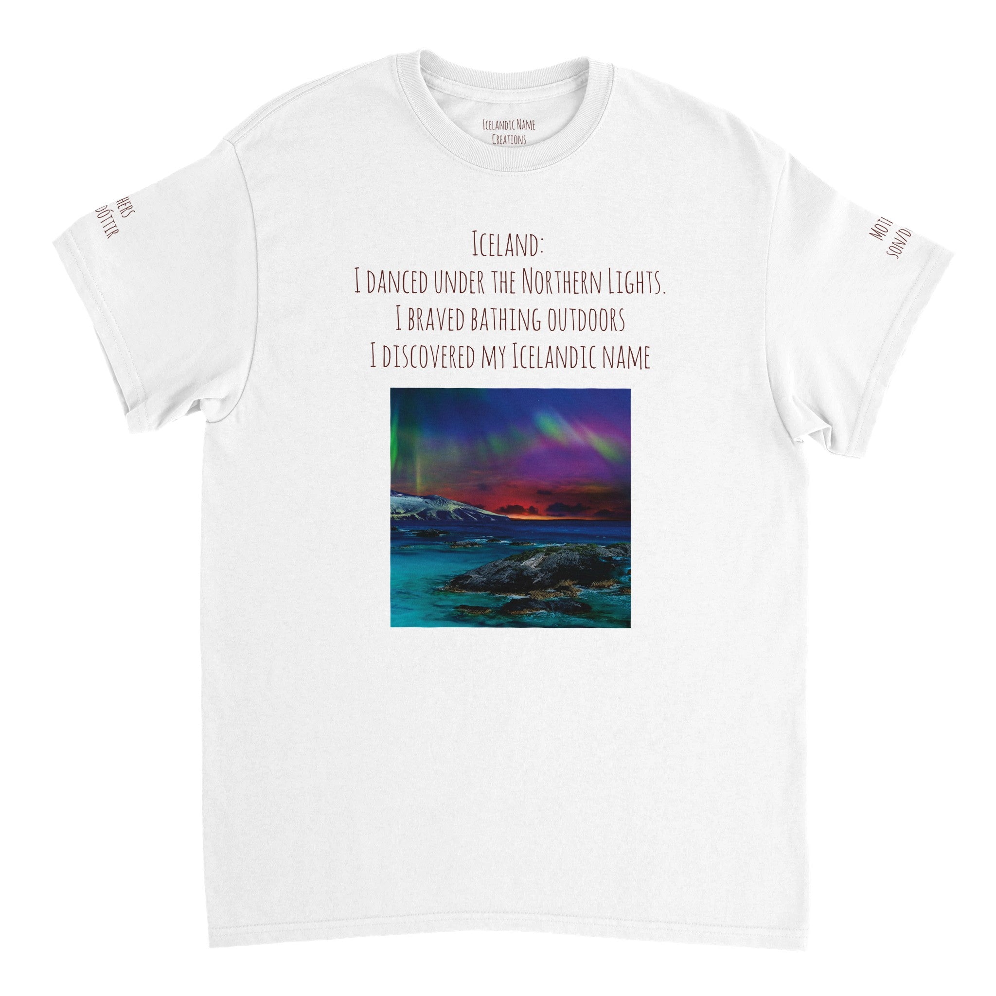 White Northern Lights T-shirt, customizable with Icelandic name, [user's uploaded photo if possible], front and back and both sleeves design 26d774d5-2bdf-4d7d-ae4a-dfc86206900b