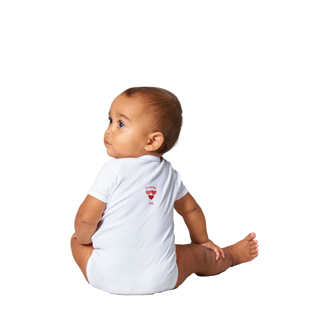 White baby bodysuit, three Pink hearts, Icelandic text 'Loved by All',on back customizable with baby's name on front.3ac0d780-d067-4895-ad2c-82cb361724bf