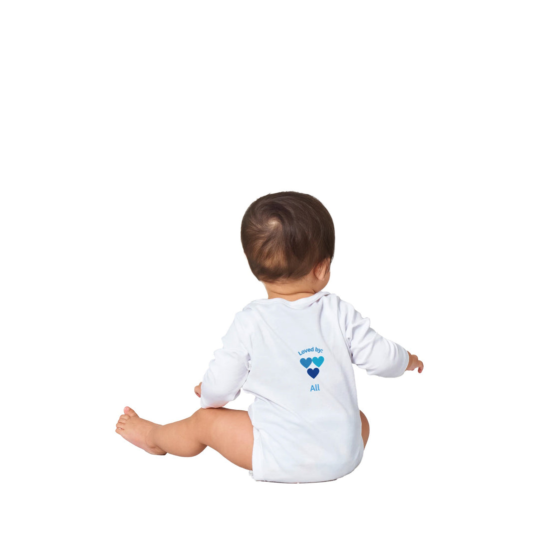 464849cf-504c-4fb0-9e55-dec5aeb27509 Classic white baby bodysuit with three blue heart's design, customizable with baby's name on front and 'Loved by all' message on back.