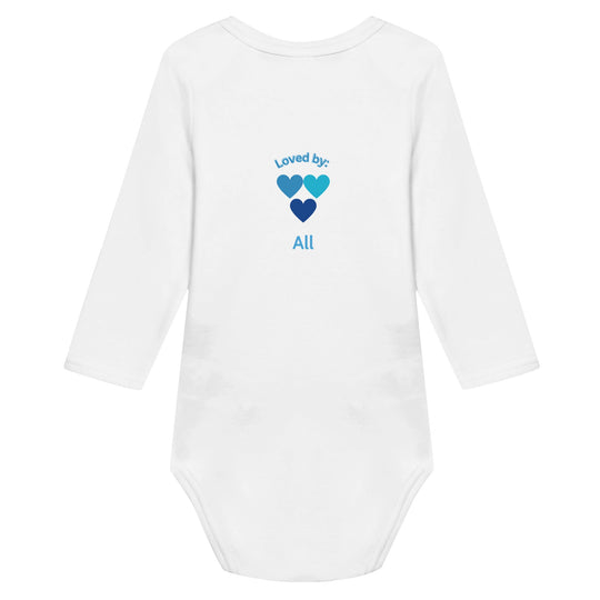 4e5e5573-dd26-4cba-9436-8fcc0afb2cd2 Classic white baby bodysuit with three blue heart's design, customizable with baby's name on front and 'Loved by all' message on back.
