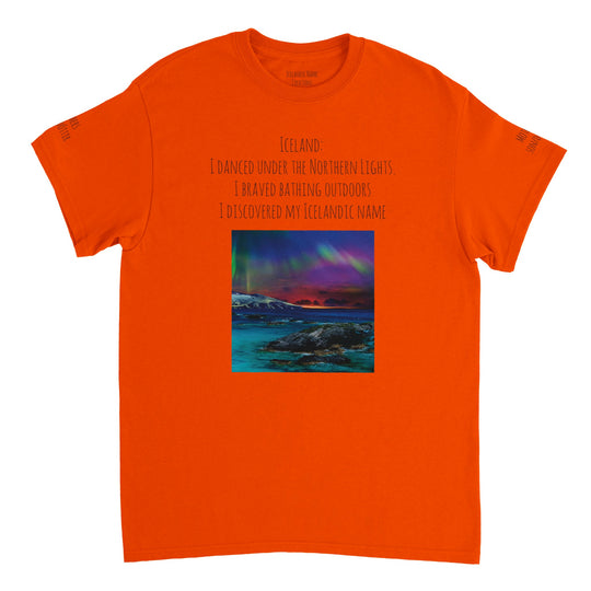 Orange  Northern Lights T-shirt, customizable with Icelandic name, [user's uploaded photo if possible], front and back and both sleeves design 4e8e0ab1-e332-4d1c-a296-eeef1c067b46