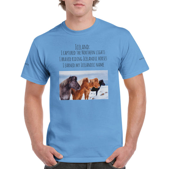 Icelandic horse t-shirt with [customer's name] in Light Blue 508099ec-913d-4082-a591-b4388e08a8a4