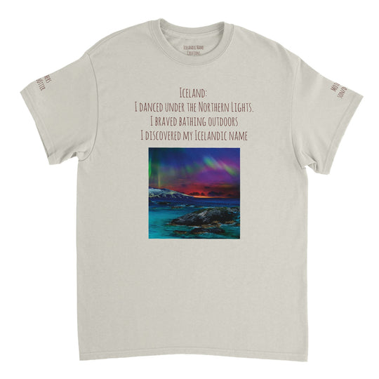 Ash  Northern Lights T-shirt, customizable with Icelandic name, [user's uploaded photo if possible], front and back and both sleeves design 5a8737d7-648f-4366-bc91-e754d197e121