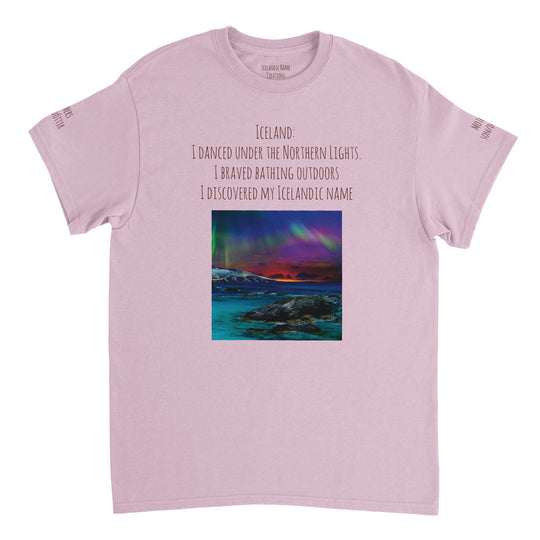 Light Pink  Northern Lights T-shirt, customizable with Icelandic name, [user's uploaded photo if possible], front and back and both sleeves design62d6115d-0809-4e3b-a0c3-bc2b2a7fad41