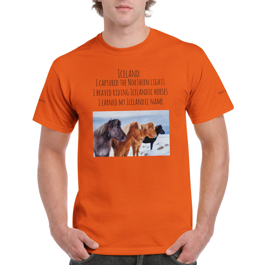 Icelandic horse t-shirt with [customer's name] in Orange 6a8a5ce1-8076-4032-a907-6cec77b5cf9c