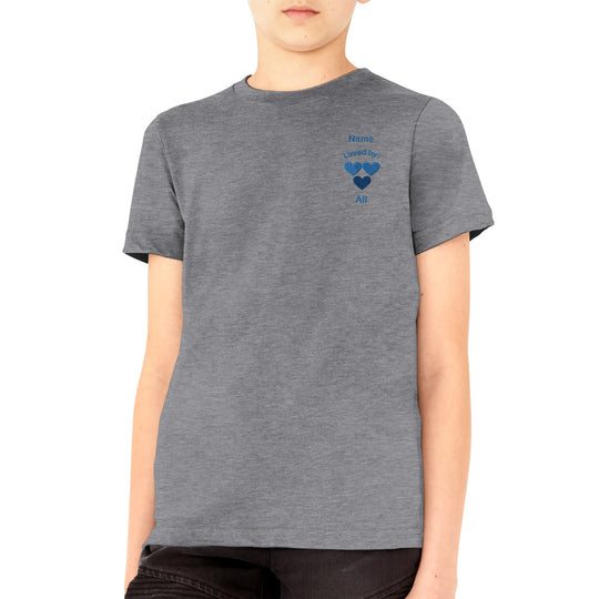 Heather Gray Customizable kids t-shirt, three blue hearts motif embroidered with child's name.710eaa5a-1964-47b7-8208-8e6df435fe6c