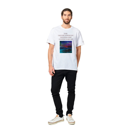 White  Northern Lights T-shirt, customizable with Icelandic name, [user's uploaded photo if possible], front and back and both sleeves design 74d91cb0-c9e5-4f5c-9b65-3be80427bcc8