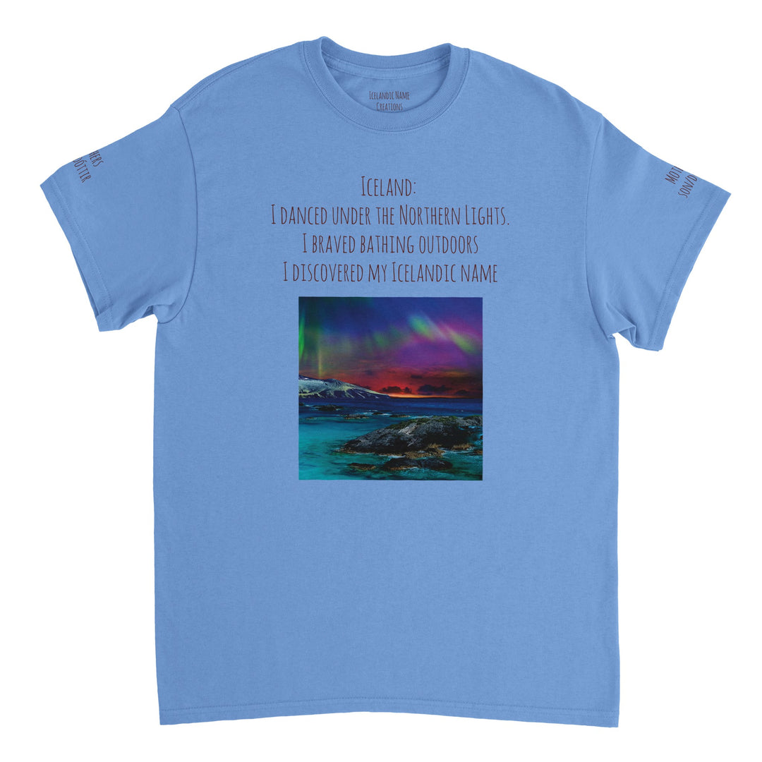 Light Blue  Northern Lights T-shirt, customizable with Icelandic name, [user's uploaded photo if possible], front and back and both sleeves design 7977ac84-8af7-44f9-b17c-475d634c1c4d