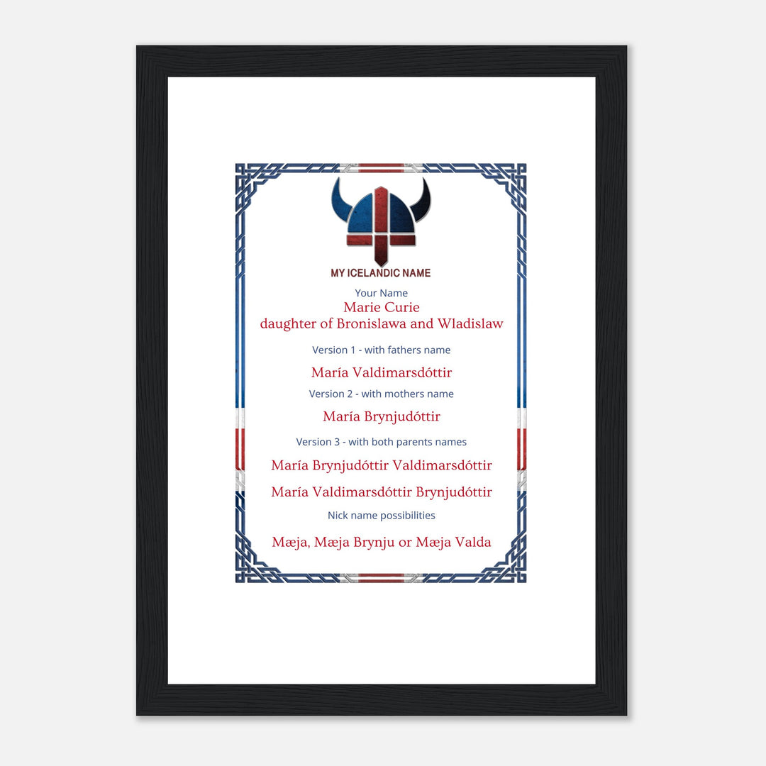 Framed Icelandic name certificate, customizable text, dark wooden frame 8030d994-f4be-406c-964c-9495120ad21f