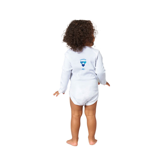 839c28e5-6e97-430a-8cb4-a7ec8c10893b Classic white baby bodysuit with three blue heart's design, customizable with baby's name on front and 'Loved by all' message on back.