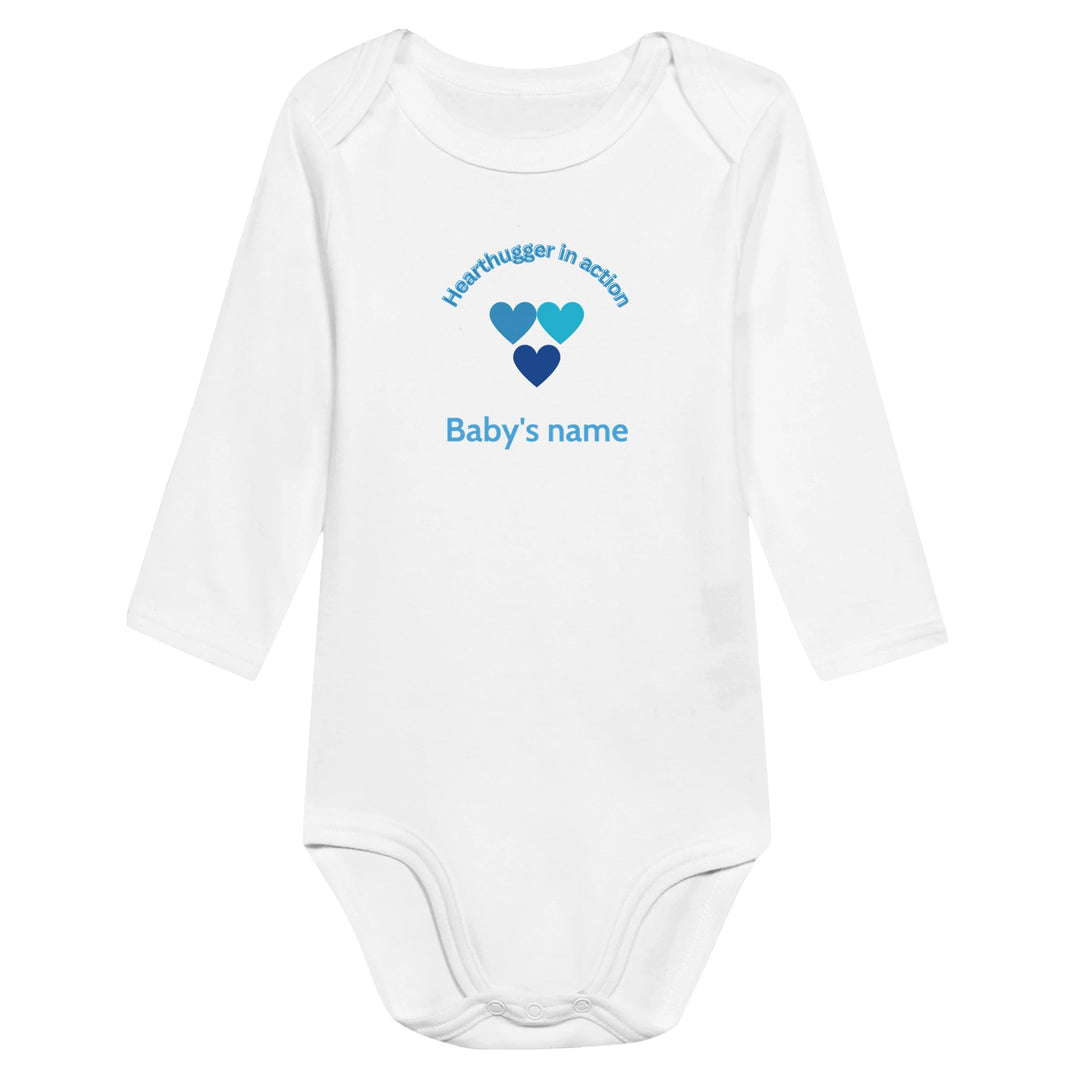 83bd4a03-3fc9-46a2-9c0e-2302fd6f6366 Classic white baby bodysuit with three blue heart's design, customizable with baby's name on front and 'Loved by all' message on back.