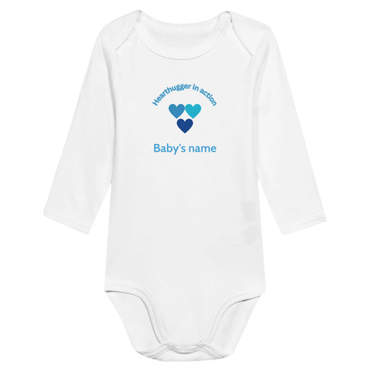 83bd4a03-3fc9-46a2-9c0e-2302fd6f6366 Classic white baby bodysuit with three blue heart's design, customizable with baby's name on front and 'Loved by all' message on back.