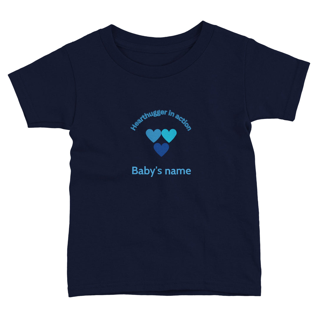 Toddler t-shirt with 'Hearthugger in Action' design, customizable with name on front, 'Loved by all' on the back." Sizing Chart: "Size chart for a toddler t-shirt with measurements in inches and centimeters 84c11a2d-8605-4f26-8117-218ad0d1933b