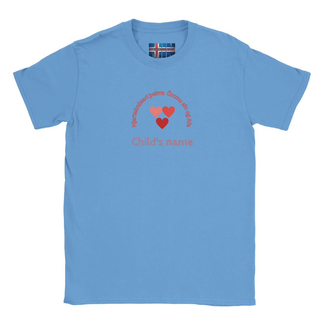 84e49d4d-c941-44a5-b8b8-53230521799cIcelandic Grandparents T-Shirt with pink hearts, Hjartaknúsari text, personalized with child's name. Perfect gift for Icelandic grandparents!