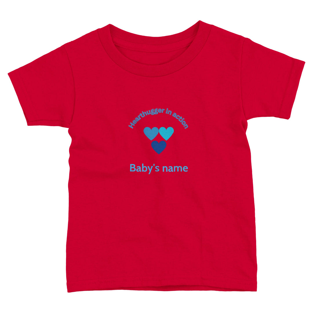 Toddler t-shirt with 'Hearthugger in Action' design, customizable with name on front, 'Loved by all' on the back." Sizing Chart: "Size chart for a toddler t-shirt with measurements in inches and centimeters 8f234f39-520c-4fb3-88c9-020a0cdd5ffa
