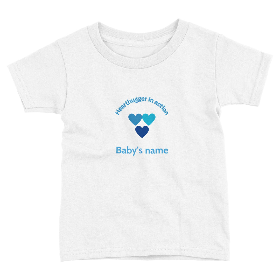 Toddler t-shirt with 'Hearthugger in Action' design, customizable with name on front, 'Loved by all' on the back." Sizing Chart: "Size chart for a toddler t-shirt with measurements in inches and centimeters8f4bb35f-dfc8-430d-b7cb-59108fefb5d2 