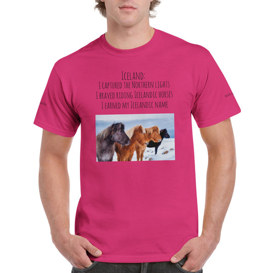 Icelandic horse t-shirt with [customer's name] in Heliconia 9b13e7bb-d6a8-4e82-bef4-660b5265f67d