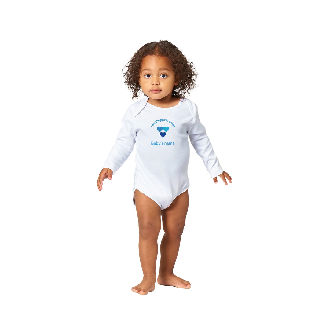 9c53da11-b43f-4e5b-9660-8edef5e09bef Classic white baby bodysuit with three blue heart's design, customizable with baby's name on front and 'Loved by all' message on back.