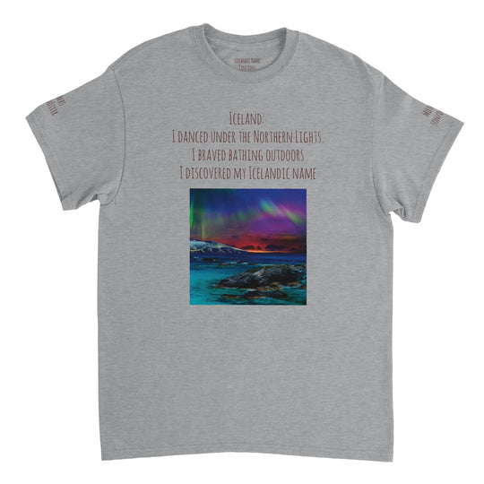 Sports Grey  Northern Lights T-shirt, customizable with Icelandic name, [user's uploaded photo if possible], front and back and both sleeves design 9ec6d4e1-1be2-4408-84a9-a06a4c9917c3