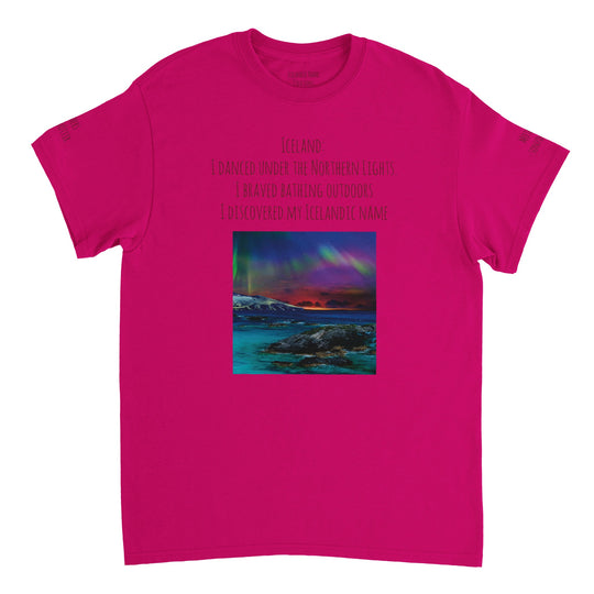 Heliconia  Northern Lights T-shirt, customizable with Icelandic name, [user's uploaded photo if possible], front and back and both sleeves design 9f581173-68b1-4ffa-b0e9-ba17bfd423f8