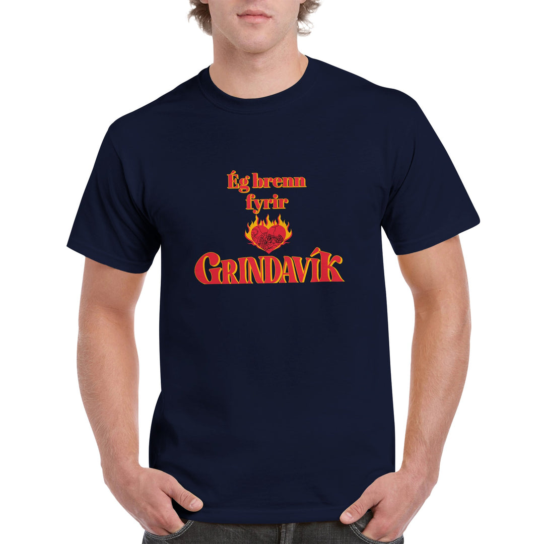 Navy Customizable 'Support Grindavík' t-shirt with Icelandic phrase. Backside customizable. 100% of profits donated.a6db9d81-ff7d-4502-bda4-9380ae2e5b54