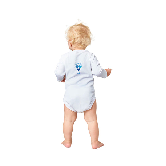 ab01f9df-7b3d-4428-9211-5be2447359b4 Classic white baby bodysuit with three blue heart's design, customizable with baby's name on front and 'Loved by all' message on back.