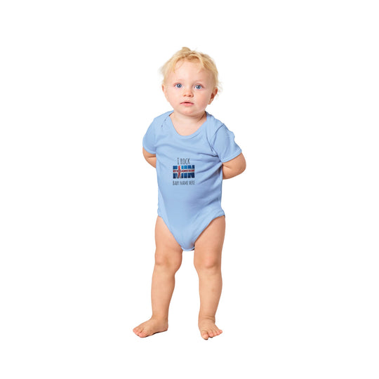 Custom baby onesie with I Rock slogan and Icelandic name in baby blue ae7d3a25-844e-4c10-8ac4-1800e4af80ba