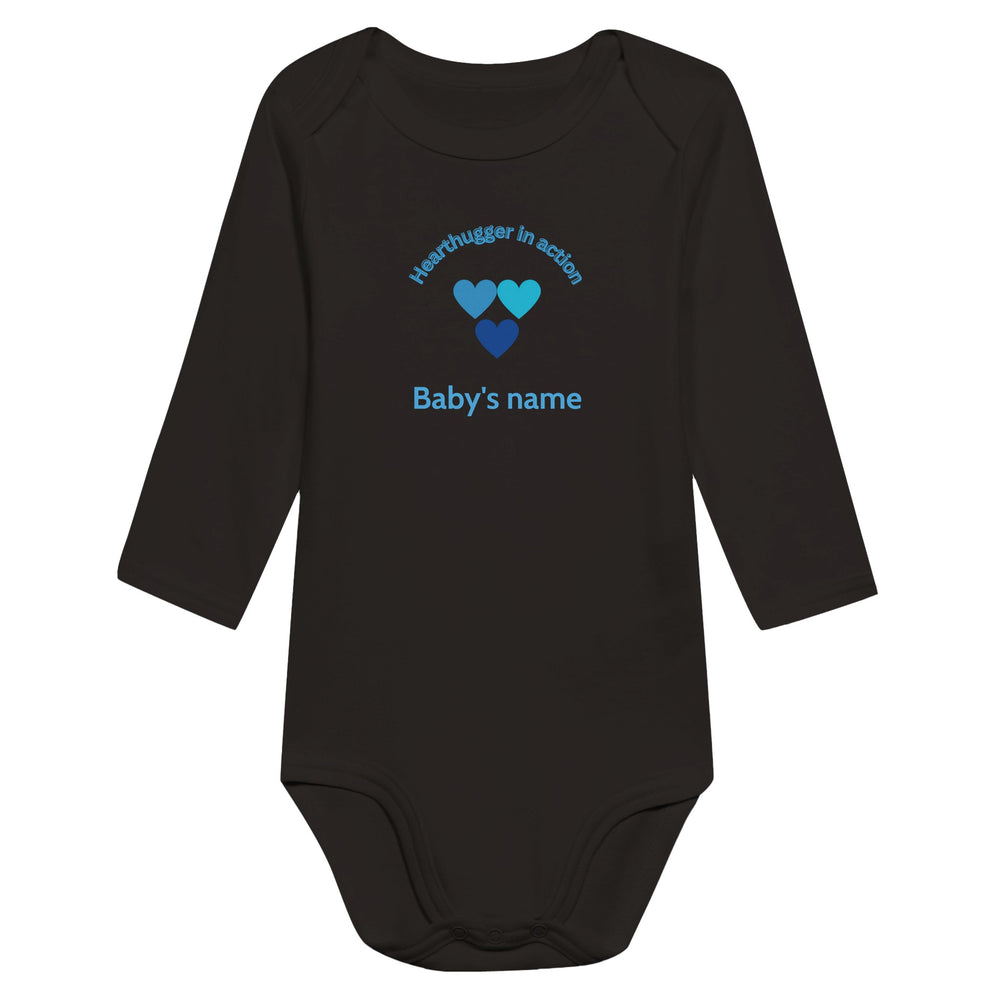 af4d29cc-b77a-443c-a3d4-a12c7462aae8 Classic black baby bodysuit with three blue heart's design, customizable with baby's name on front and 'Loved by all' message on back.