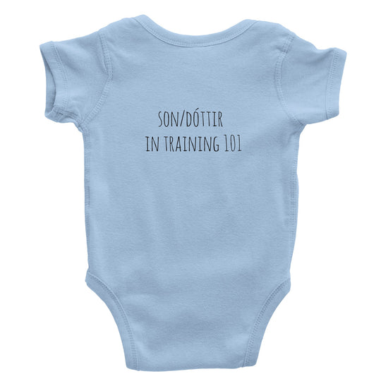 Custom baby onesie with I Rock slogan and Icelandic name in baby blue b1ccc6d0-0117-4596-a59f-0f0b619d0c15