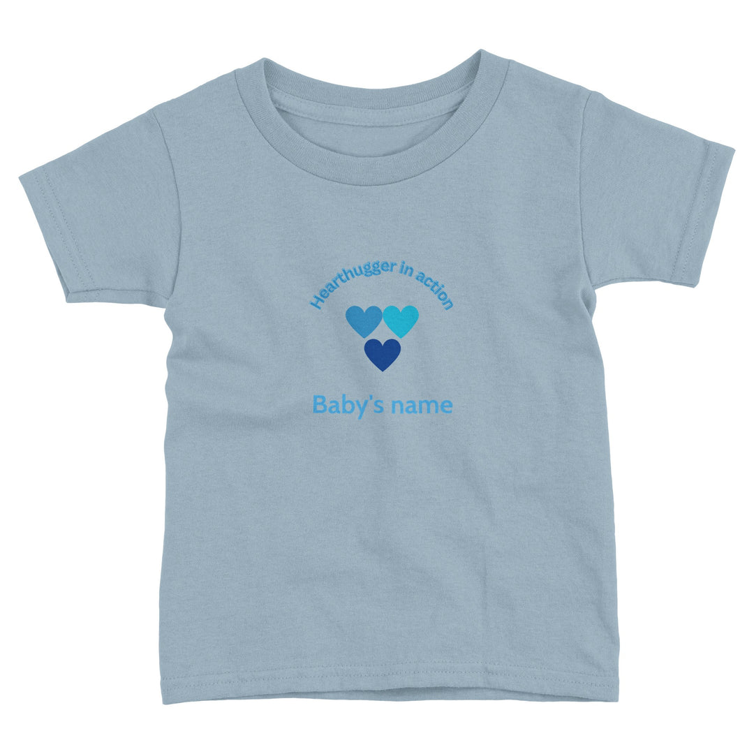 Toddler t-shirt with 'Hearthugger in Action' design, customizable with name on front, 'Loved by all' on the back." Sizing Chart: "Size chart for a toddler t-shirt with measurements in inches and centimeters bdba4c66-e09b-4486-a692-1f481c3d225d