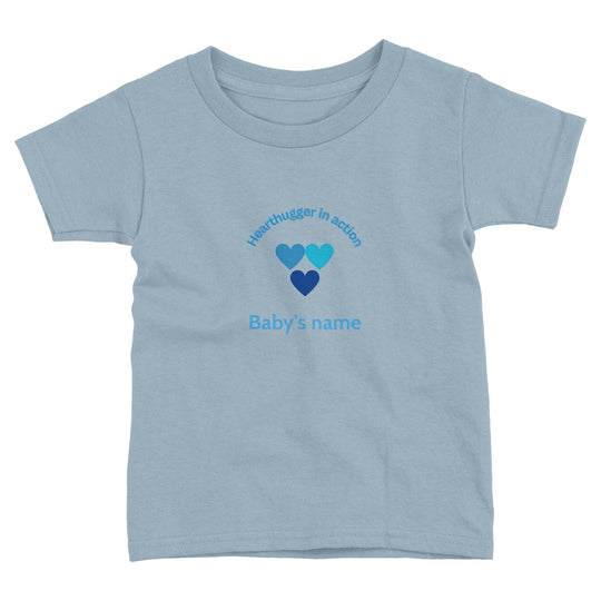 Toddler t-shirt with 'Hearthugger in Action' design, customizable with name on front, 'Loved by all' on the back." Sizing Chart: "Size chart for a toddler t-shirt with measurements in inches and centimeters bdba4c66-e09b-4486-a692-1f481c3d225d