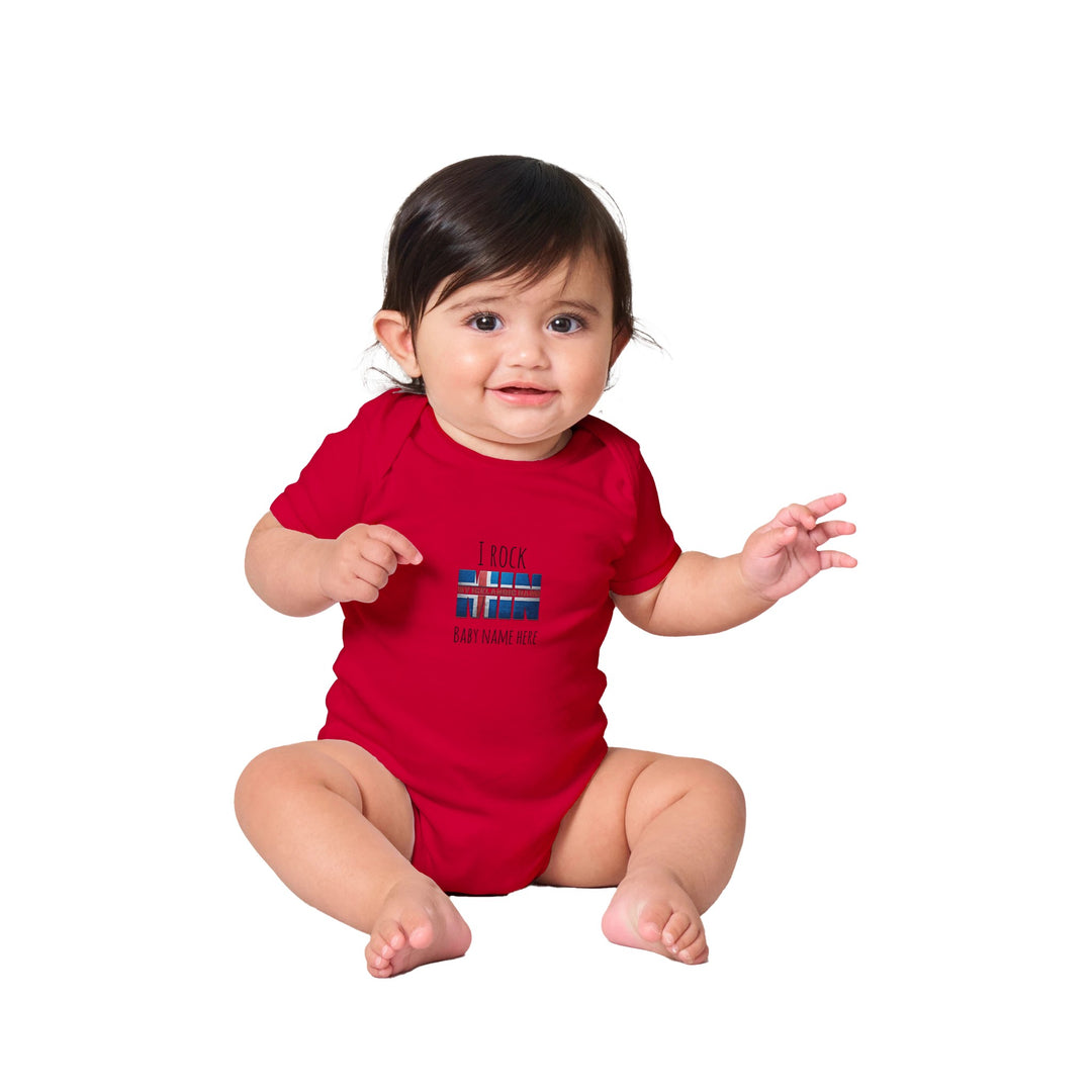 Custom baby onesie with I Rock slogan and Icelandic name in Red be07697b-1ef1-4495-9157-f0fc6bd90076