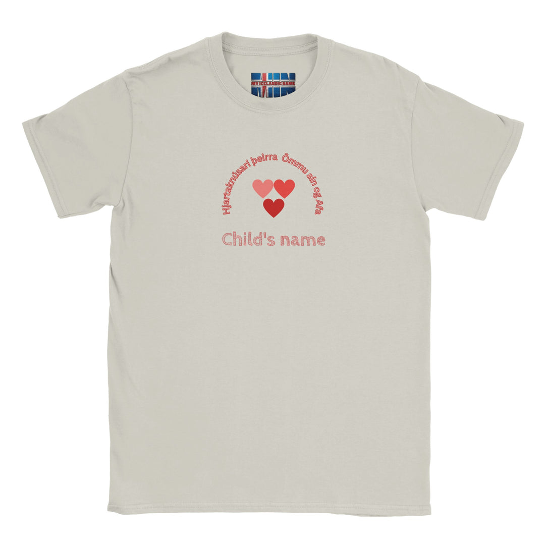 c2dbad46-c6cb-4b55-9137-2ba6b3110f4eIcelandic Grandparents T-Shirt with pink hearts, Hjartaknúsari text, personalized with child's name. Perfect gift for Icelandic grandparents!