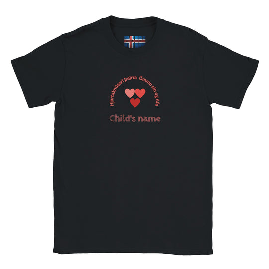 c578383c-95b4-4e28-889b-ceb4cf045fcdIcelandic Grandparents T-Shirt with pink hearts, Hjartaknúsari text, personalized with child's name. Perfect gift for Icelandic grandparents!