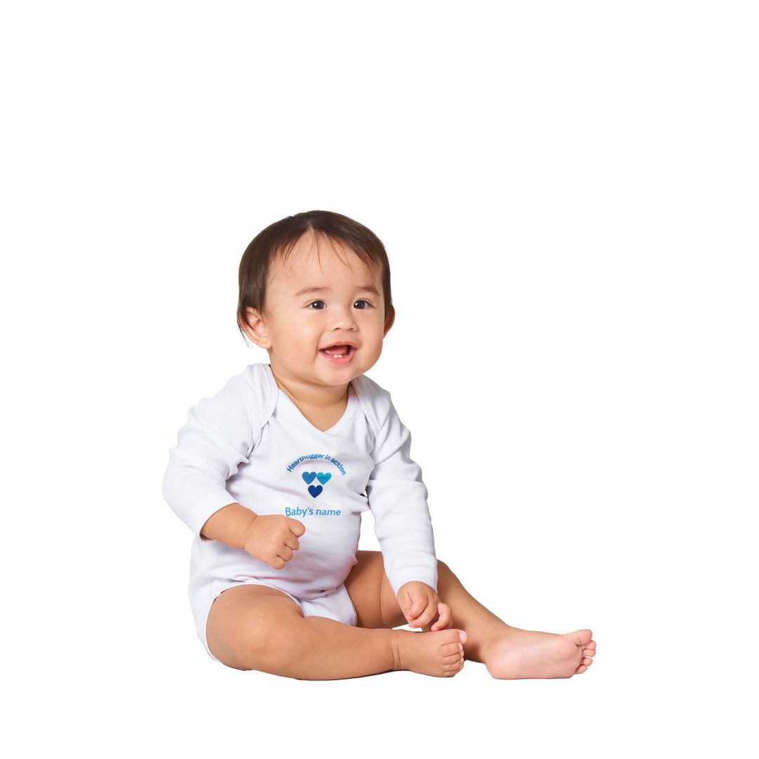 c8cc1b03-49e0-4e25-bda9-36b98cae5ee7 Classic white baby bodysuit with three blue heart's design, customizable with baby's name on front and 'Loved by all' message on back.