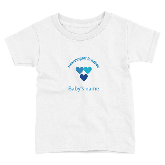 cc324b7f-7d47-486b-a6a7-db8b1c51e75f Toddler t-shirt with 'Hearthugger in Action' design, customizable with name on front, 'Loved by all' on the back." Sizing Chart: "Size chart for a toddler t-shirt with measurements in inches and centimeters."