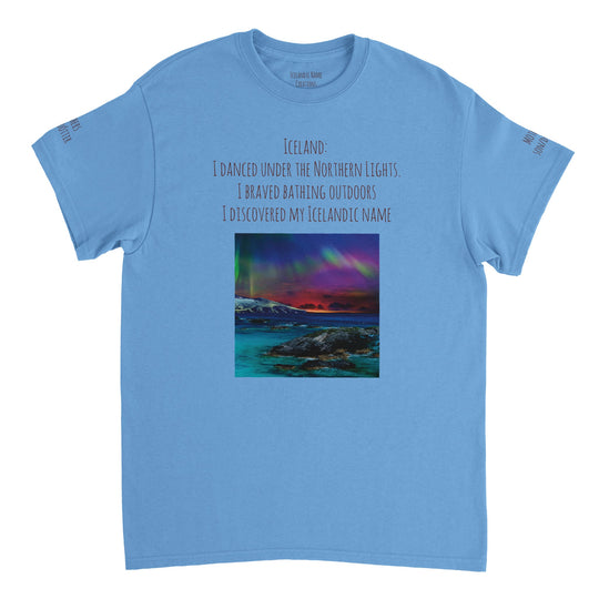 Light Blue  Northern Lights T-shirt, customizable with Icelandic name, [user's uploaded photo if possible], front and back and both sleeves design d22773f8-7201-49bd-8640-d08473cefb49