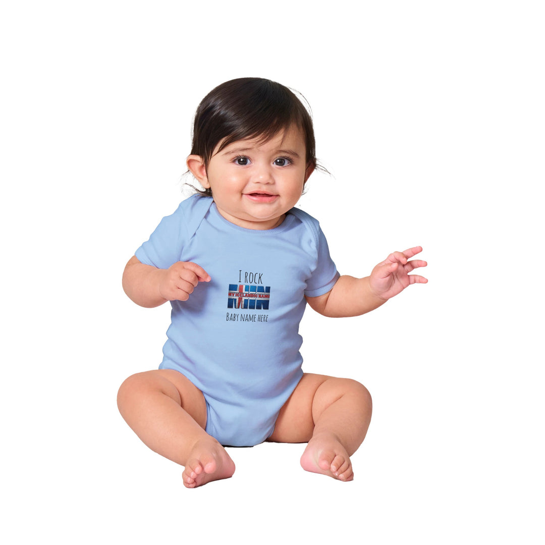 Custom baby onesie with I Rock slogan and Icelandic name in baby blued6d3f704-128f-4f51-9e35-102d2a20eda9