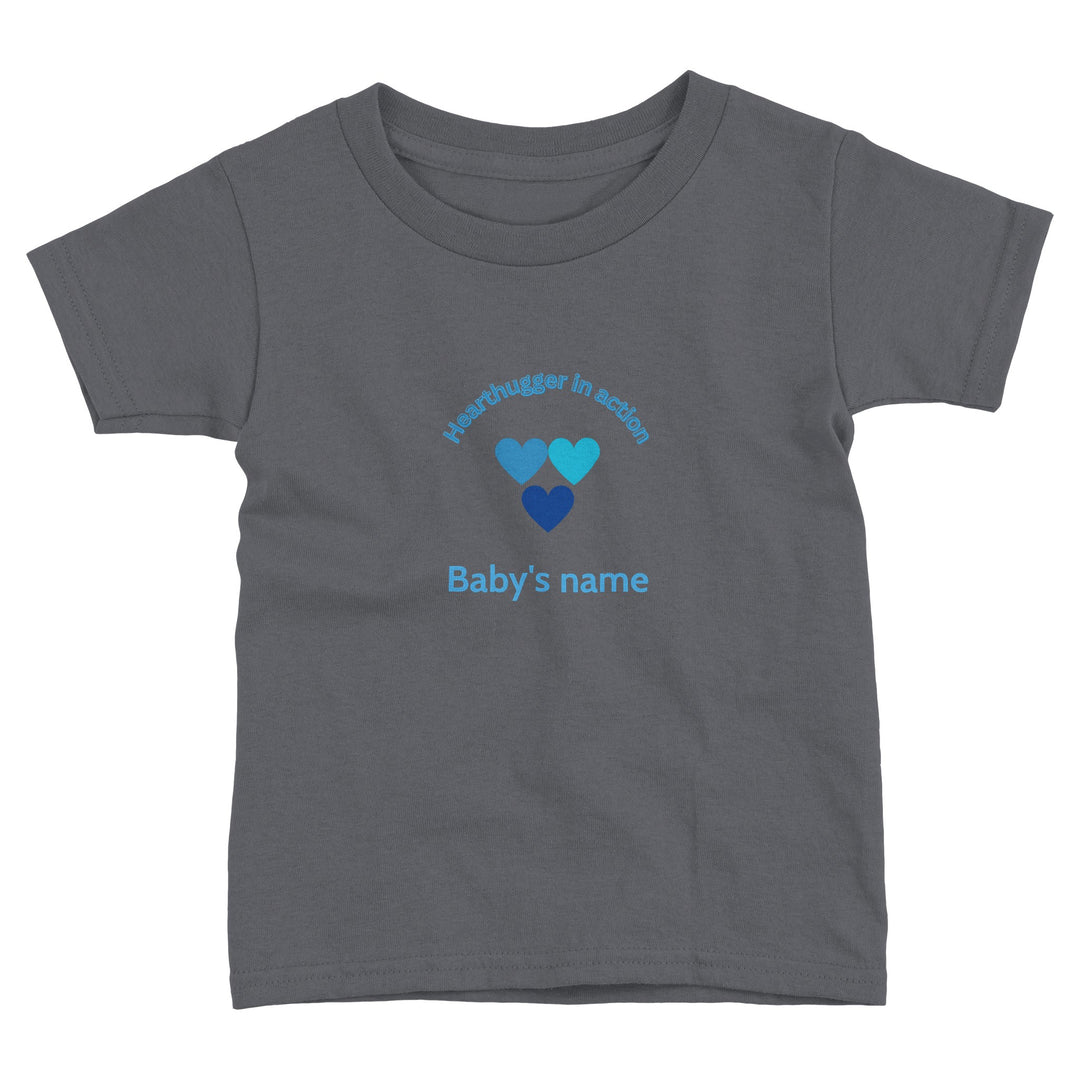 Toddler t-shirt with 'Hearthugger in Action' design, customizable with name on front, 'Loved by all' on the back." Sizing Chart: "Size chart for a toddler t-shirt with measurements in inches and centimeters d9f554fa-bf59-42db-8d7b-db837e04cde8