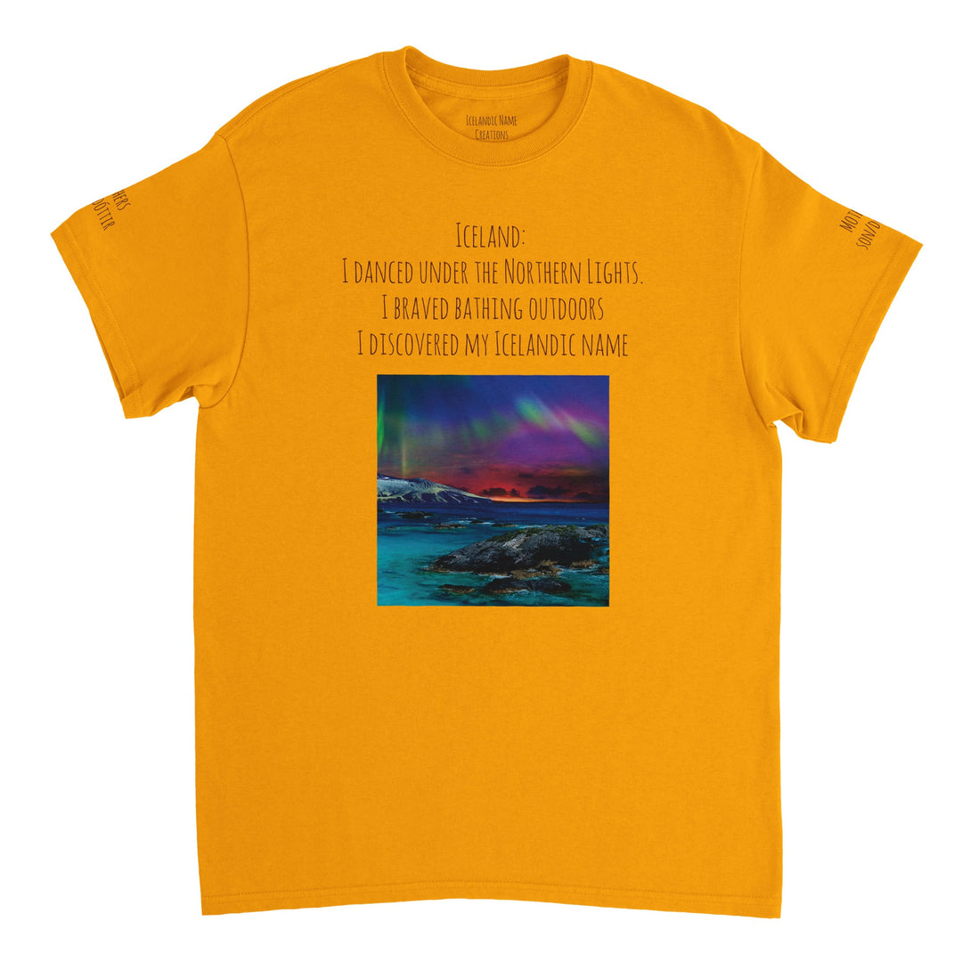 Gold  Northern Lights T-shirt, customizable with Icelandic name, [user's uploaded photo if possible], front and back and both sleeves design de974f35-468e-4d76-950f-8b4f3d07ee5e