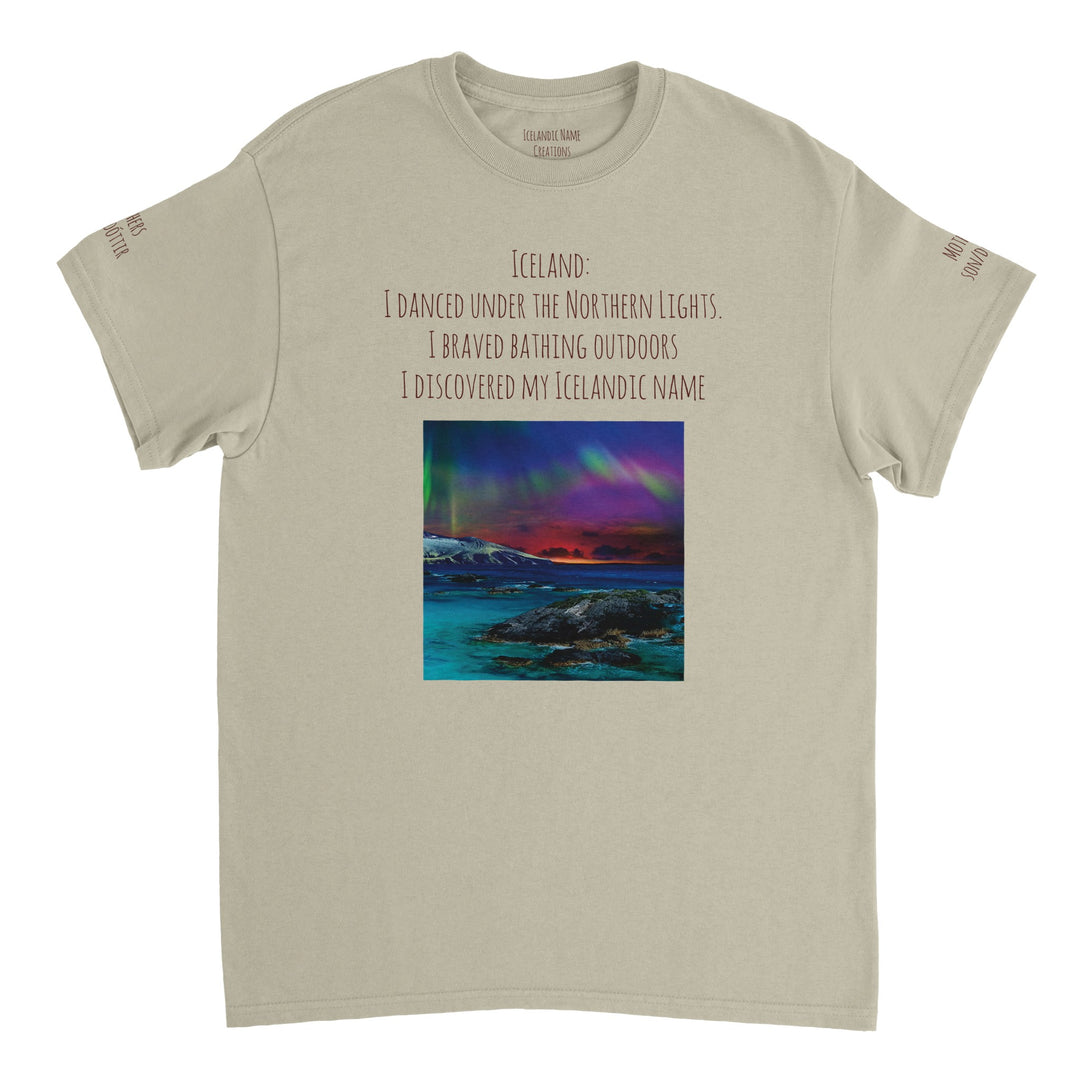 Sand  Northern Lights T-shirt, customizable with Icelandic name, [user's uploaded photo if possible], front and back and both sleeves design efff64c7-8328-488a-94ad-144f898dd6fe