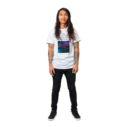 White  Northern Lights T-shirt, customizable with Icelandic name, [user's uploaded photo if possible], front and back and both sleeves design f7be355c-4b33-4c77-93c5-833e2f0424c4