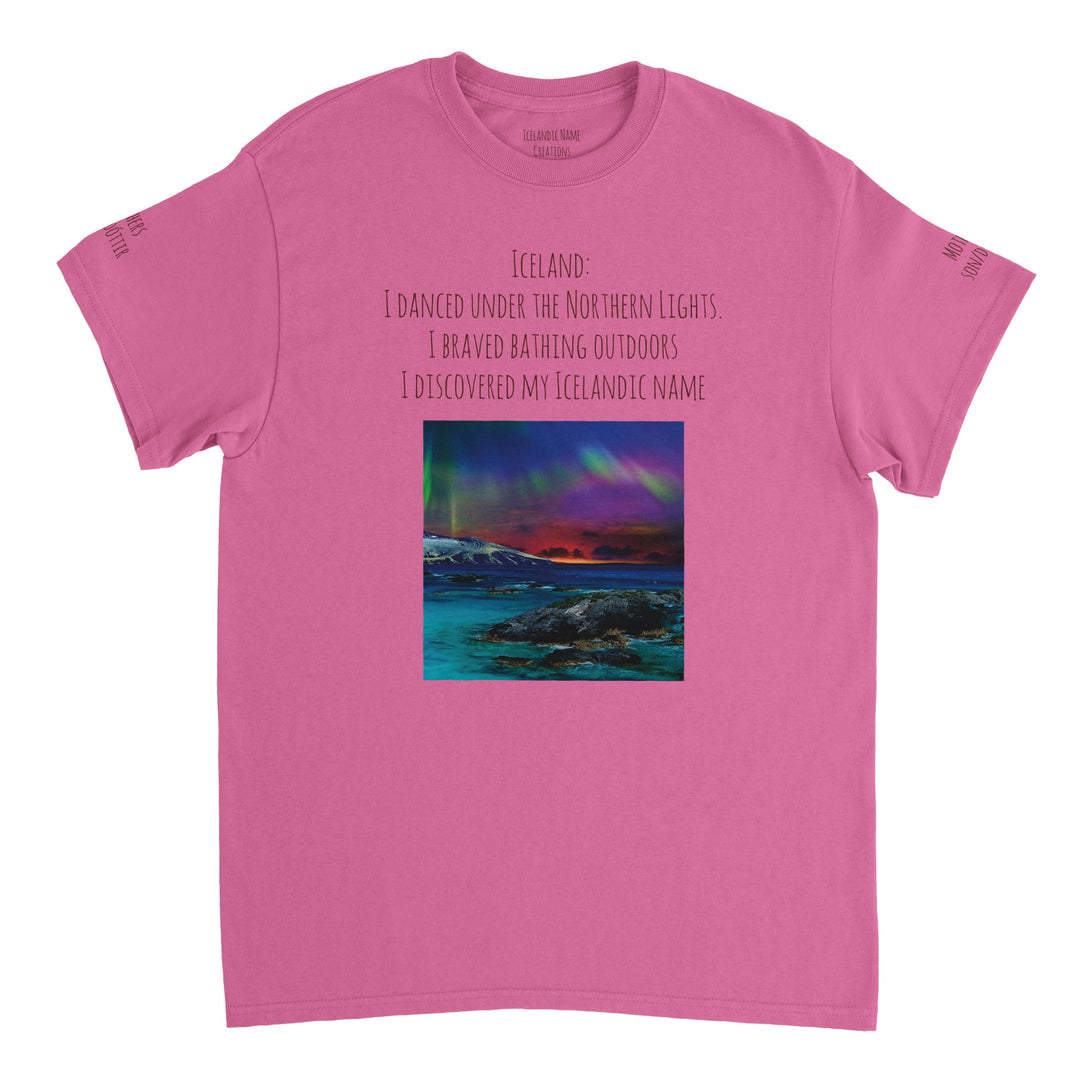 Azalea  Northern Lights T-shirt, customizable with Icelandic name, [user's uploaded photo if possible], front and back and both sleeves designf9fc09e8-bec2-4d12-a808-051b5ff6c15a
